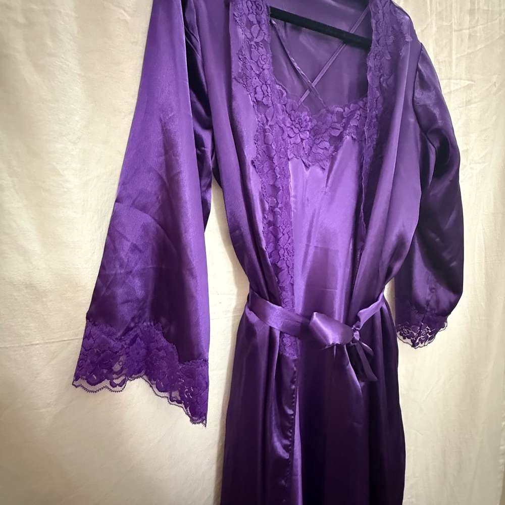NWOT Amoureuse Royal Purple Satin Lace Nightgown Robe Set L 18/20 Lingerie Y2K